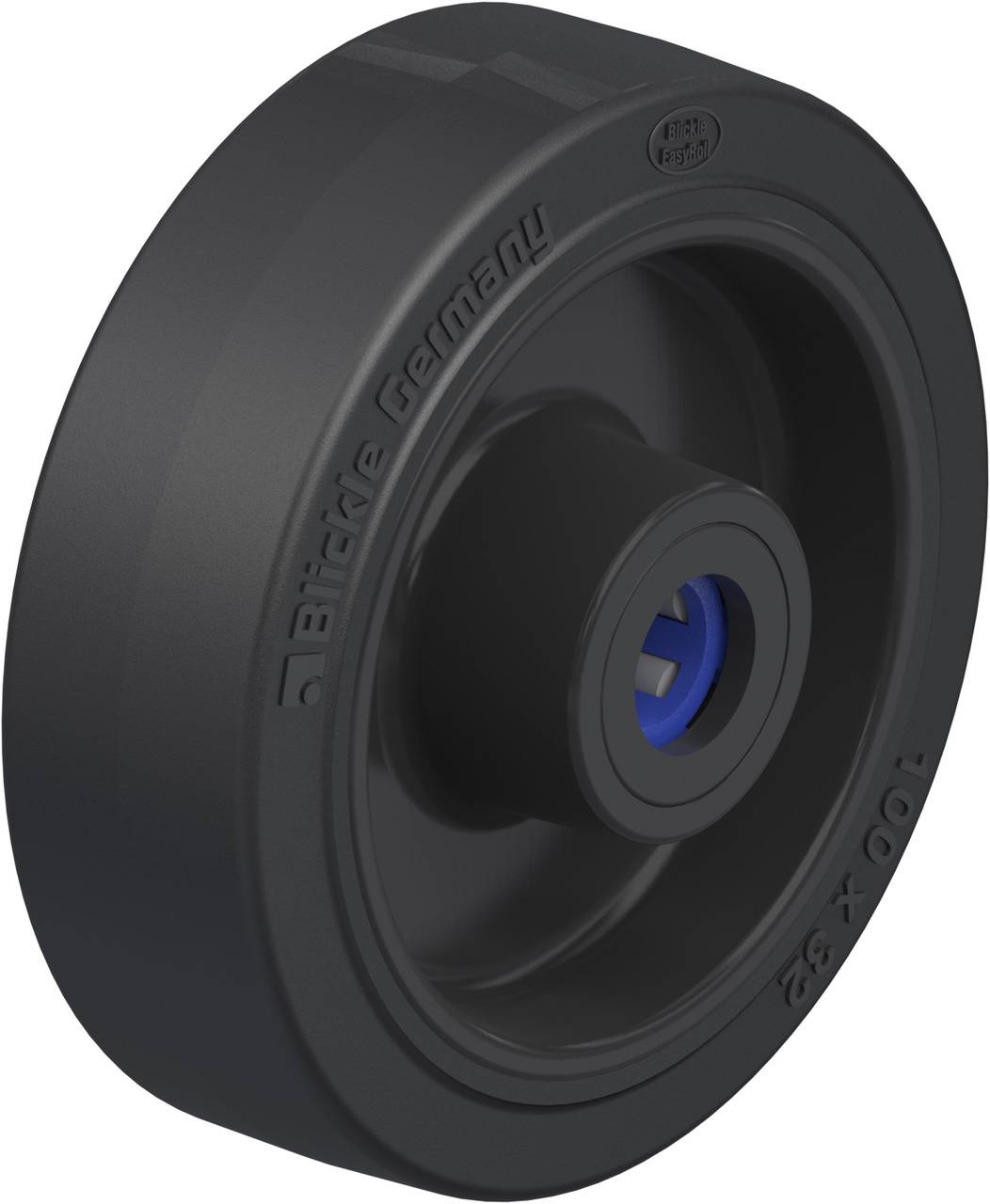 A black wheel with a blue hub, labelled 'Blickle Germany'. Suitable for industrial applications.