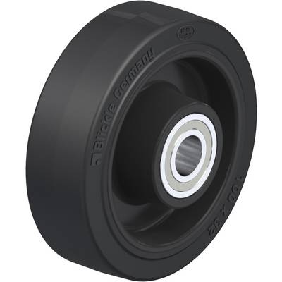 A black plastic wheel with a metal axle in the centre and engraved text 'Blickle Germany 100x32'.
