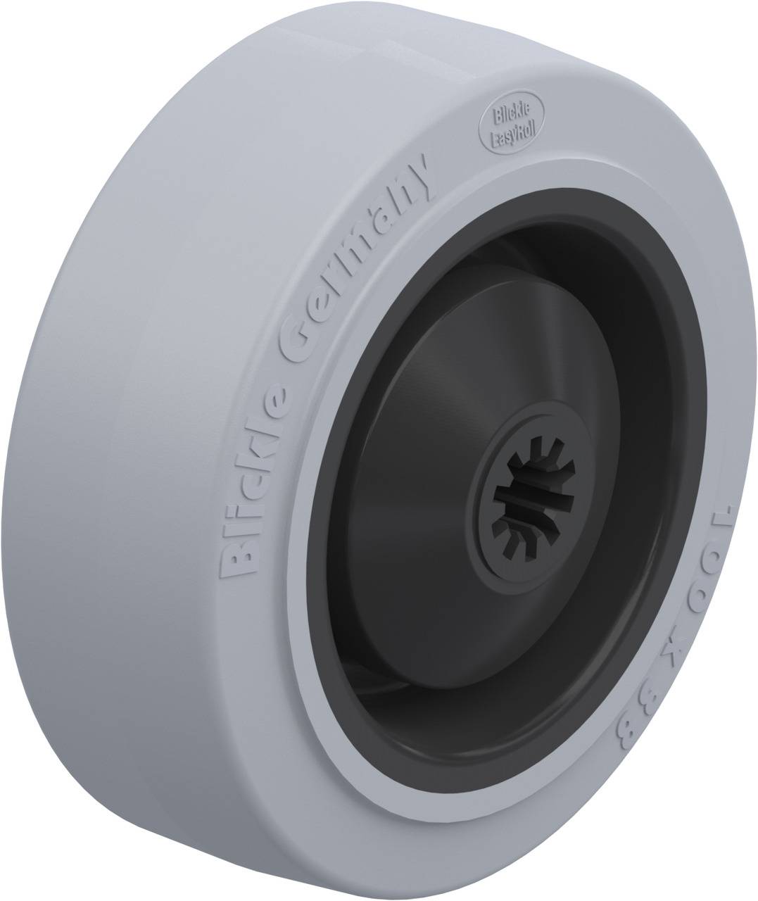 Grey wheel with black inner ring, inscription 'Blickle Germany'.