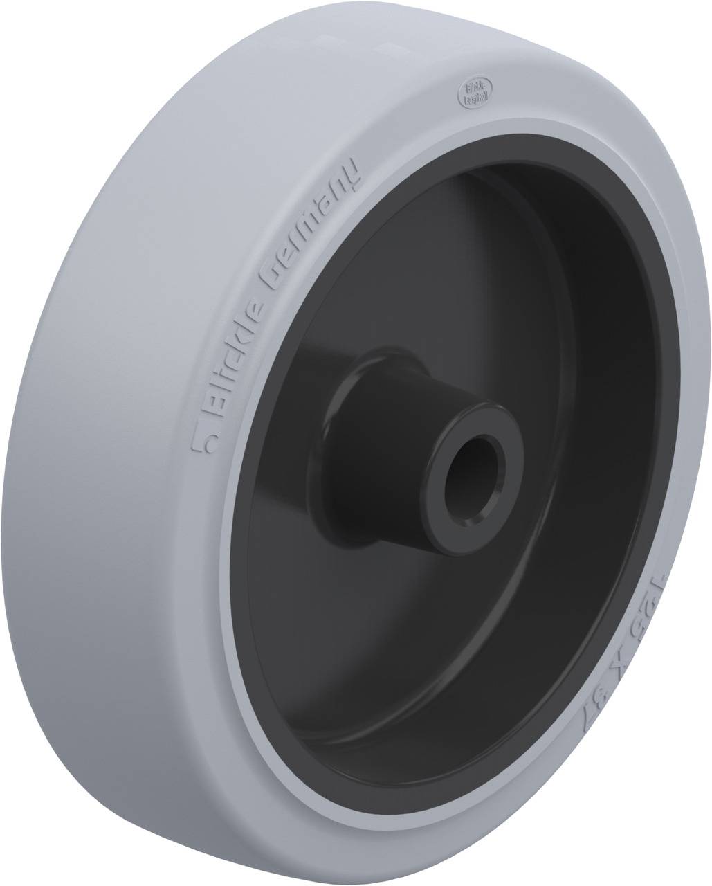 Black wheel with white rim, cylindrical axle mounting in the centre.