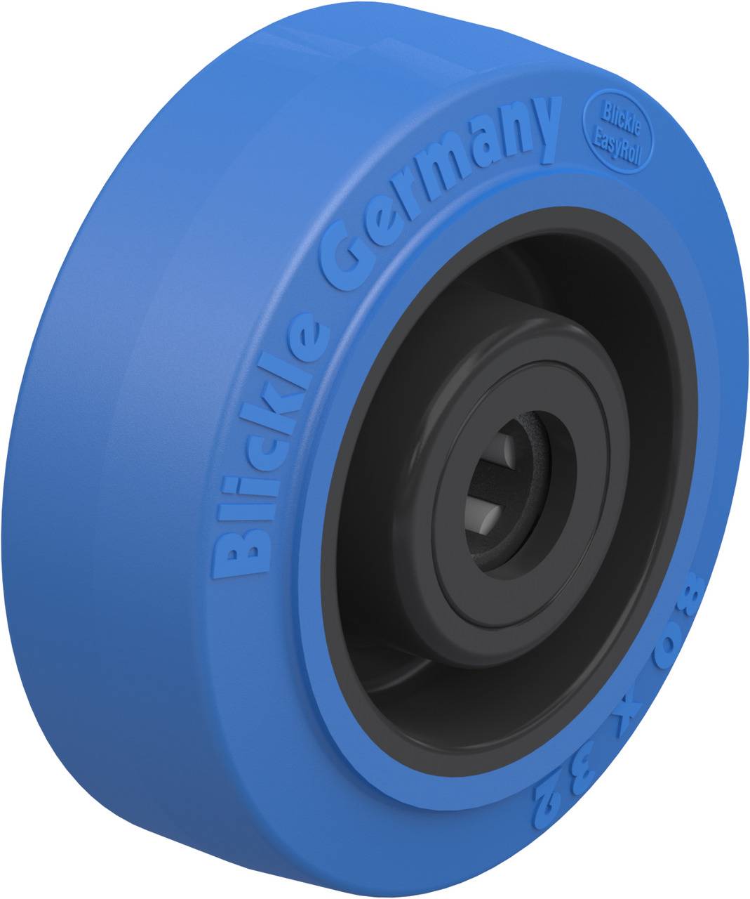 Blue wheel with black inner ring, embossed with 'Blickle Germany' and '80x32'. Product detail for industrial applications.