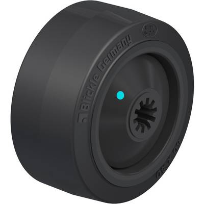 Black, round plastic wheel from 'Blickle Germany'. Contains central tooth profile and blue dot as a marking.
