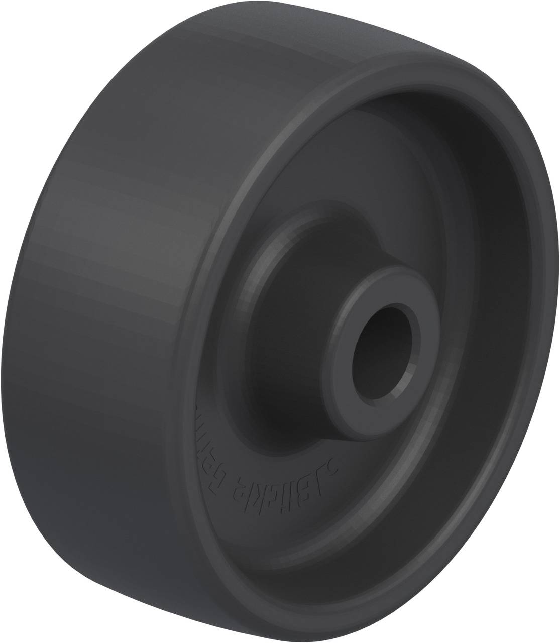 A black plastic wheel with a circular recess in the centre, suitable for use in furniture or devices.