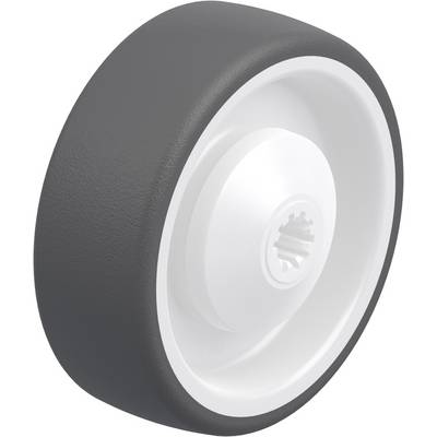 Black wheel with a white inner core and toothed opening, possibly part of a rolling carriage or piece of furniture.