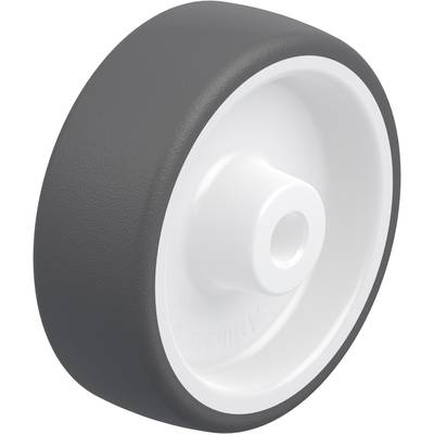 A grey, smooth wheel with a white hub and central hole, suitable for furniture or transport trolleys.