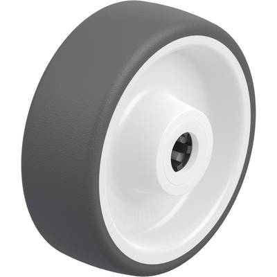 Grey wheel with white plastic rim, suitable for furniture or equipment.