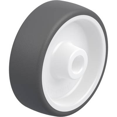 A black plastic wheel with a white rim. Suitable for furniture or equipment on smooth surfaces.