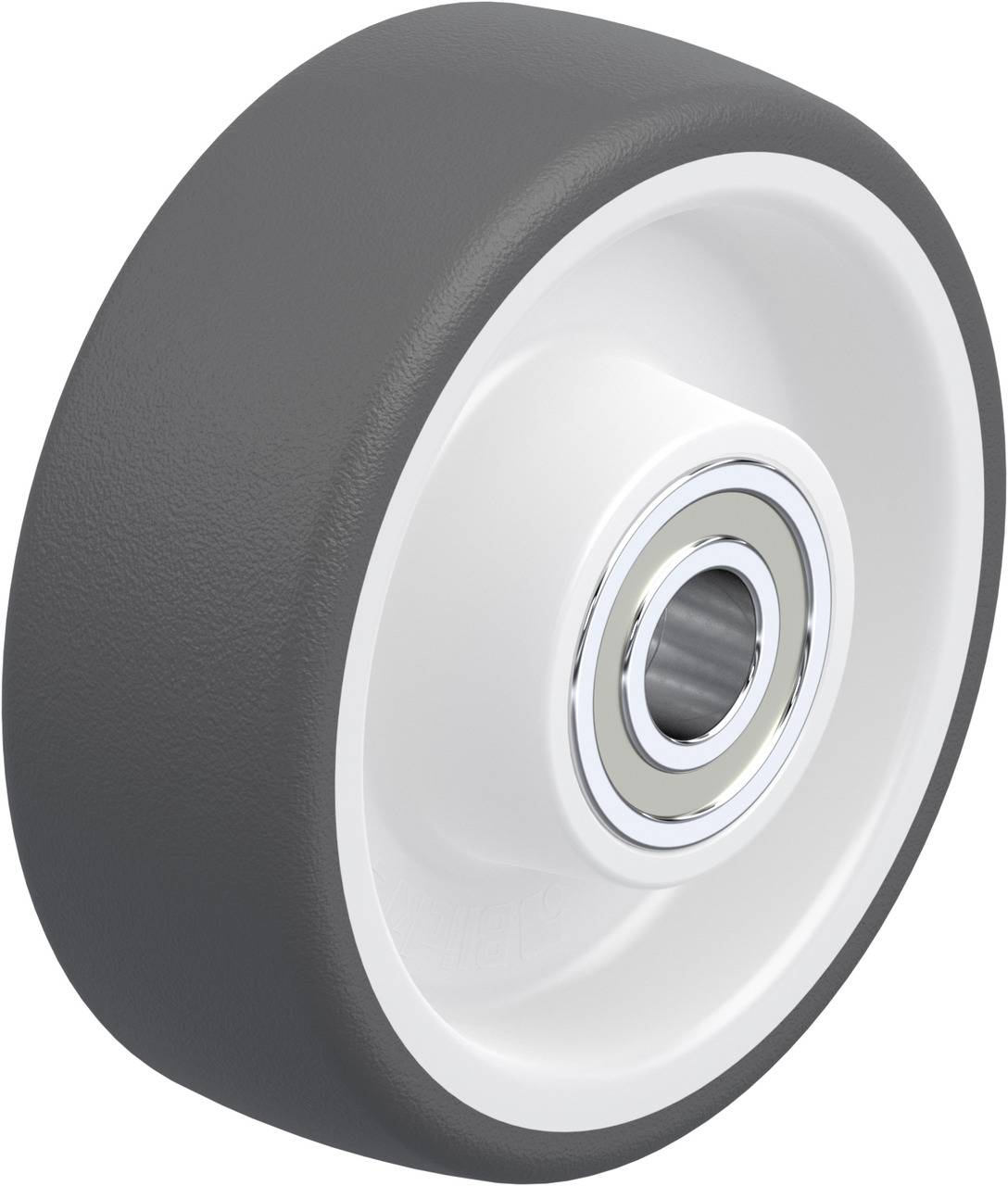 A grey wheel with a silver bearing made of plastic. Suitable for various surfaces and transportation purposes.