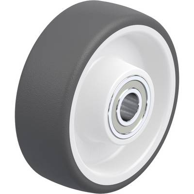 A grey wheel with a silver bearing made of plastic. Suitable for various surfaces and transportation purposes.