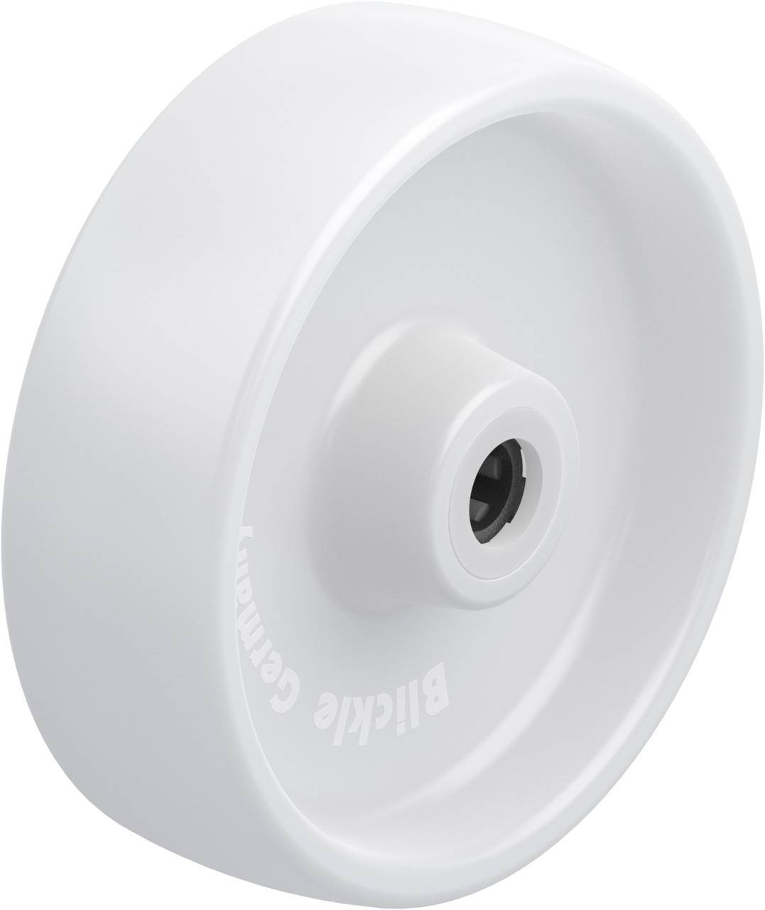 White plastic wheel with a cylindrical hole in the centre, likely suitable for attachment to a device or piece of furniture.