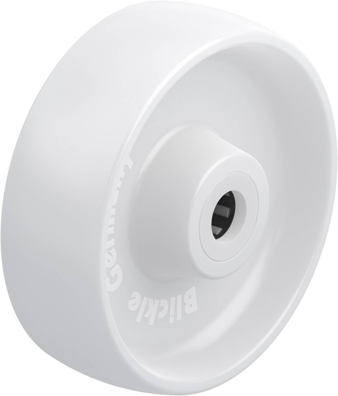 White plastic wheel with a smooth surface and metal element in the centre, potentially suitable for furniture or equipment.