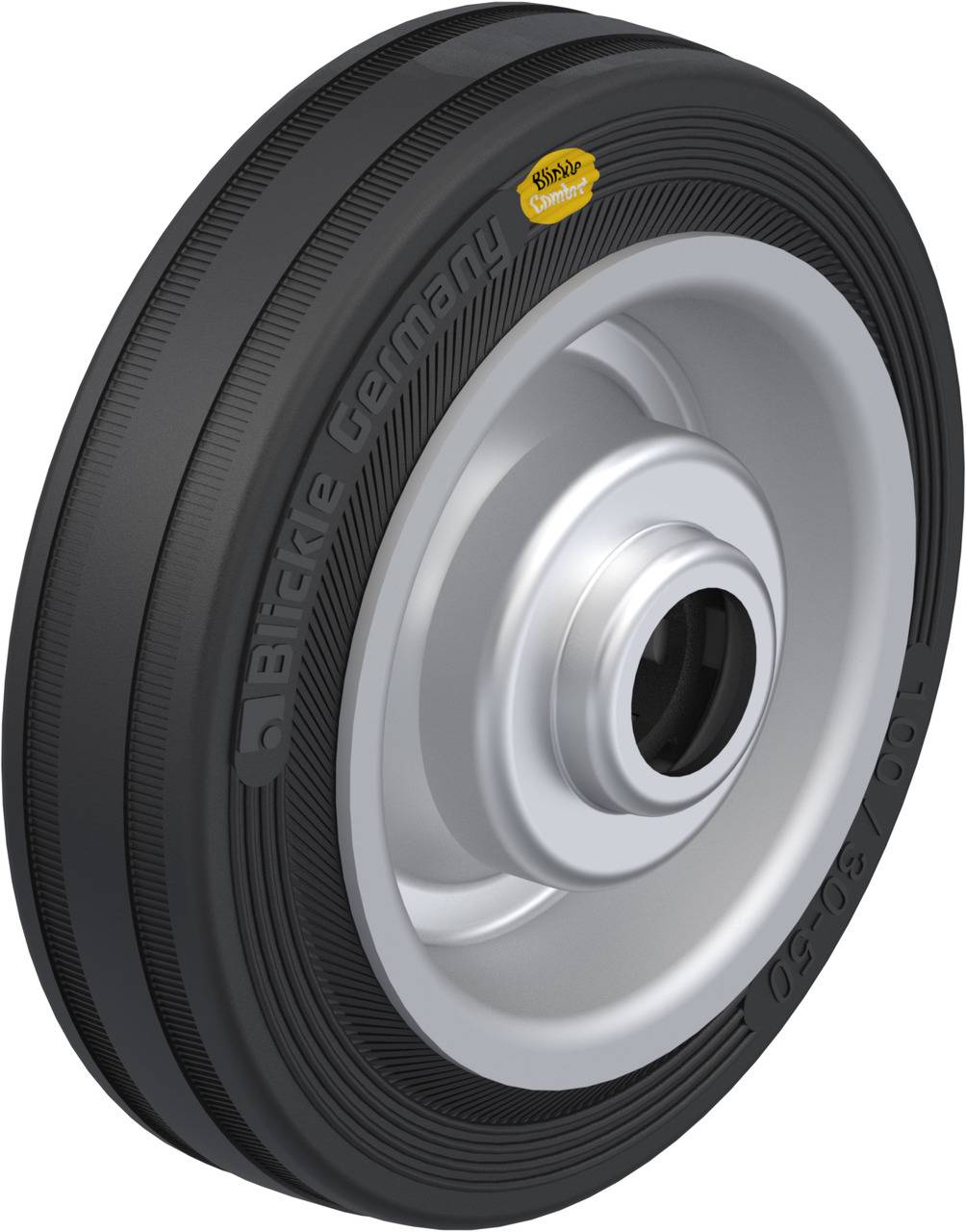 An industrial wheel with a black rubber coating and silver steel rim, with the brand names 'Blickle' and 'Continental' visible.