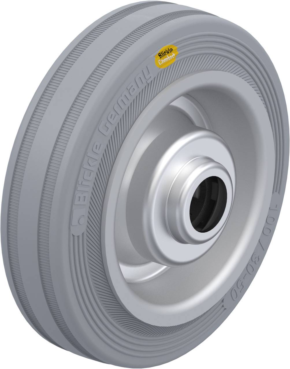 Grey, round wheel with metal rim. Surface has fine grooves and lettering 'Made in Germany'. Rubber edge with manufacturer's logo.