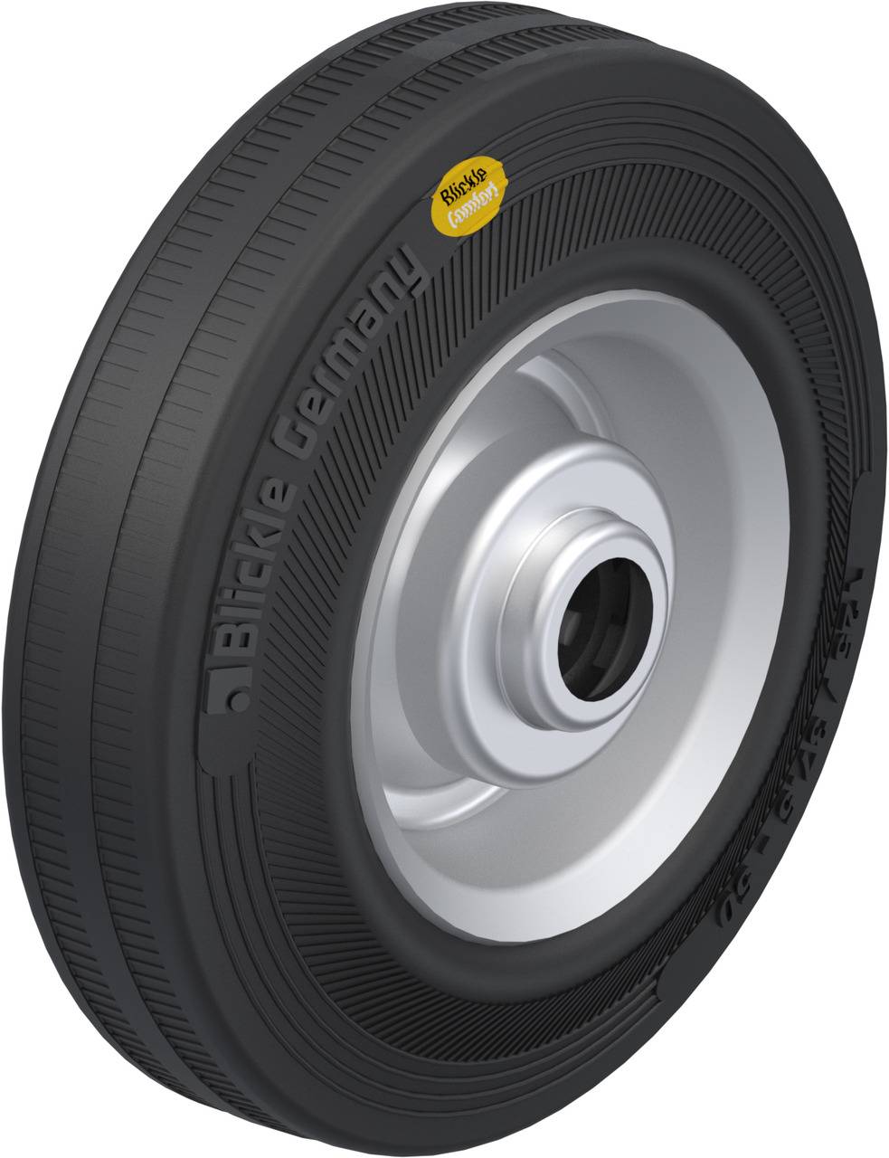 A black, rubberised wheel with a metallic rim. On the side it reads 'Blickle Germany'. Used for transport equipment.
