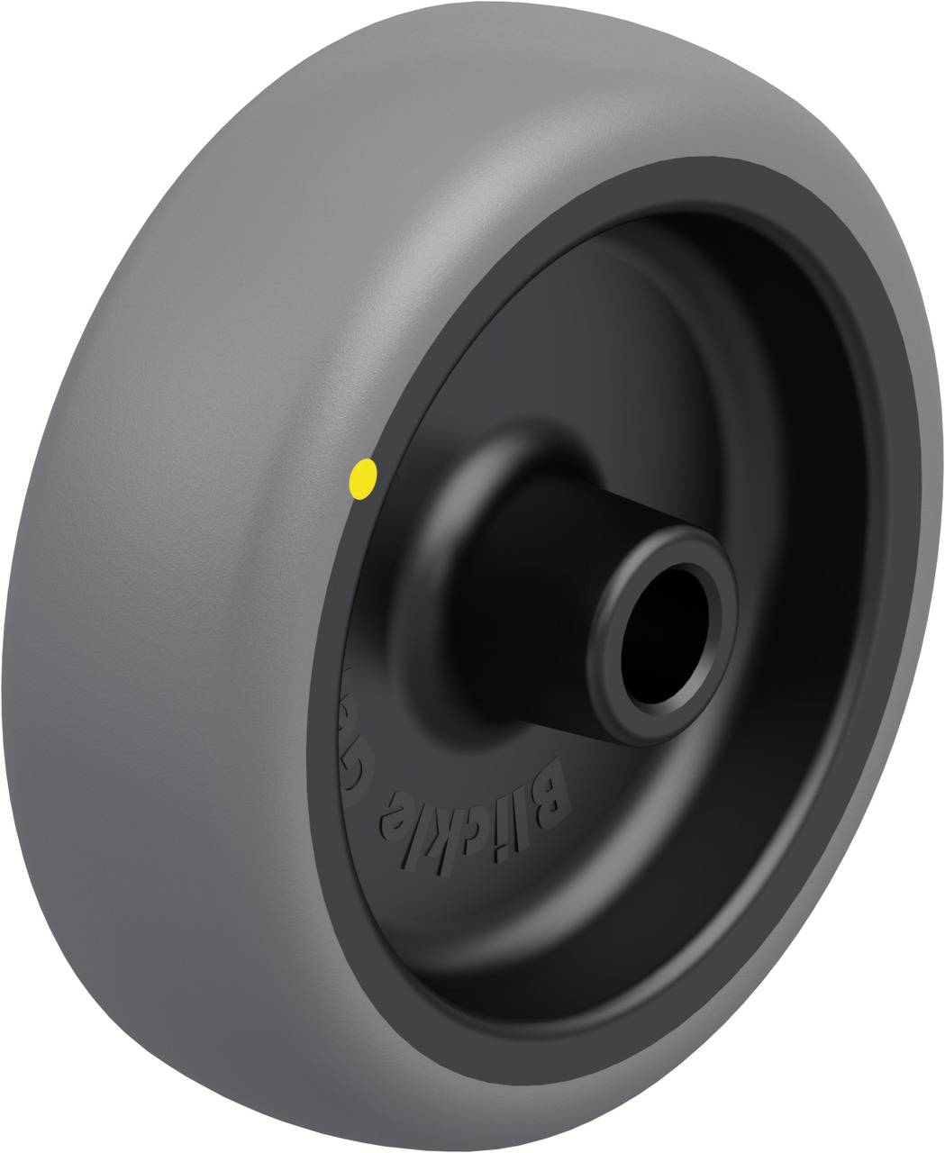 Grey wheel with a black centre and yellow dot on the side, suitable for light transport equipment.
