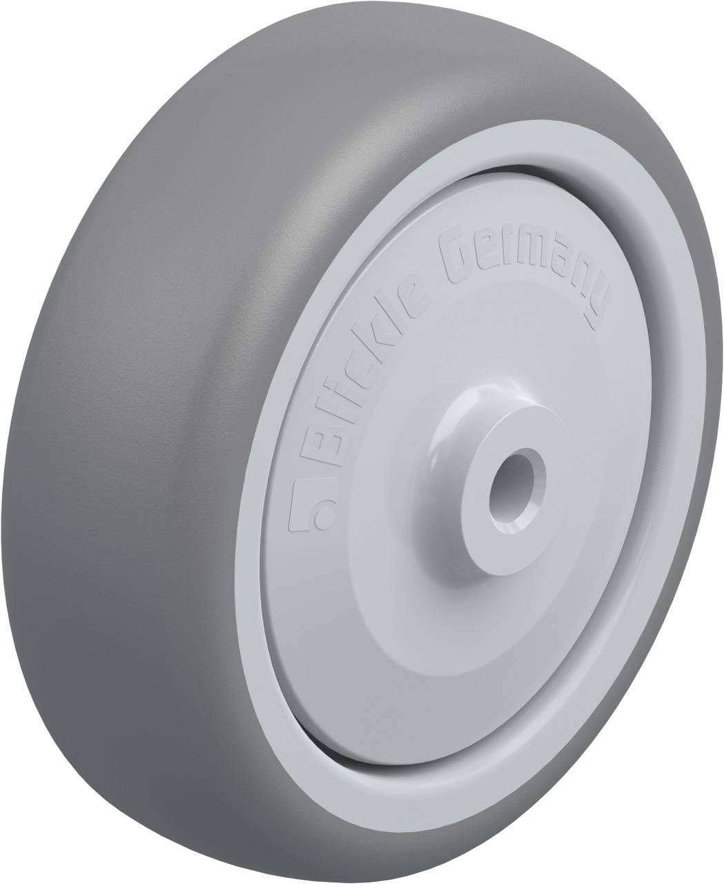 Grey plastic wheel with smooth surface, labelled 'Blickle Germany'.