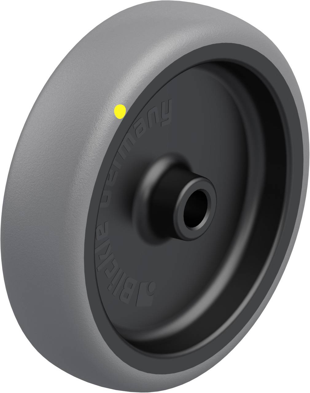 Grey plastic wheel with black axle, marked 'made in Germany' on the side. Suitable for transport equipment.