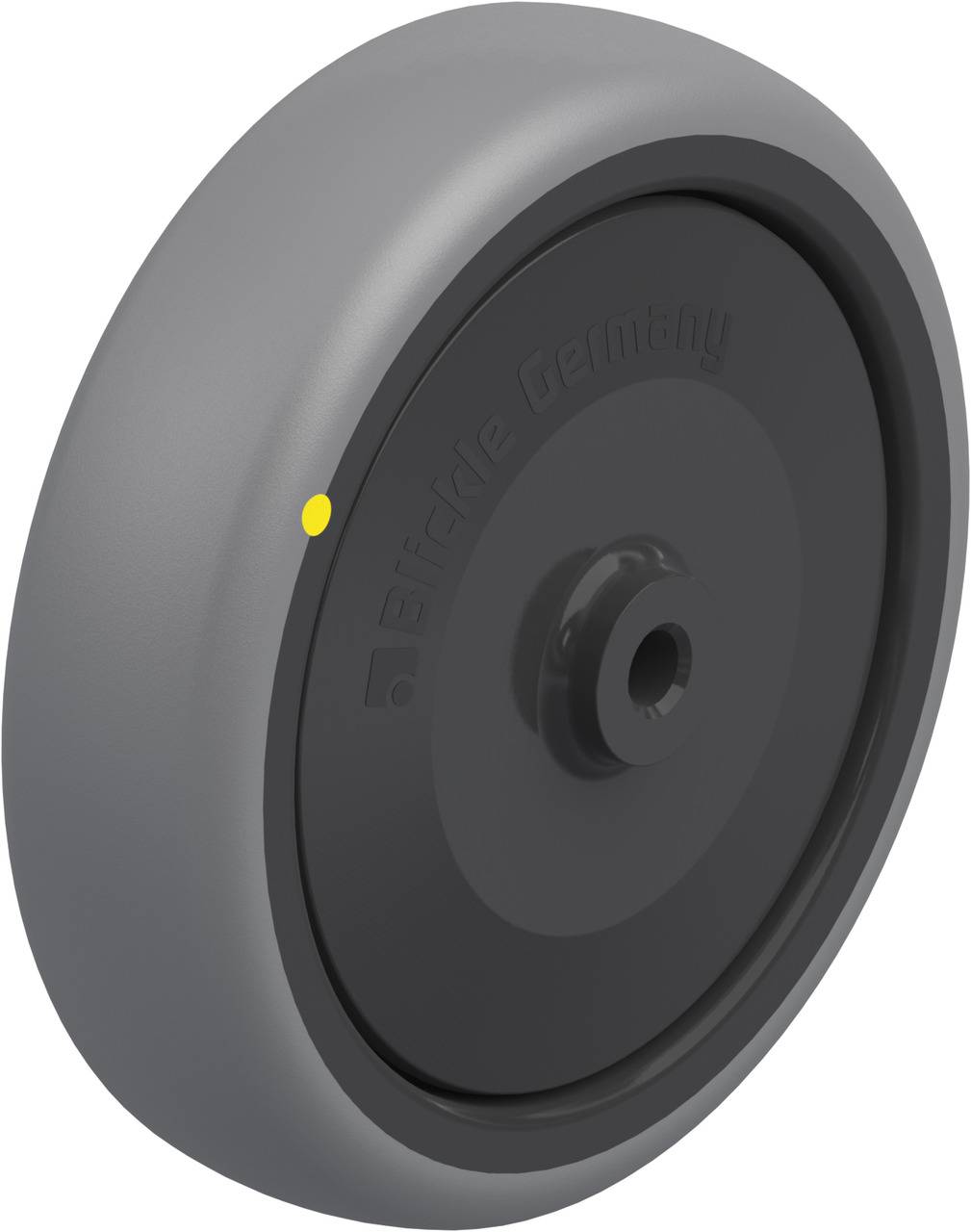 Grey wheel with a black wheel core and yellow marking, suitable for transport equipment castors.