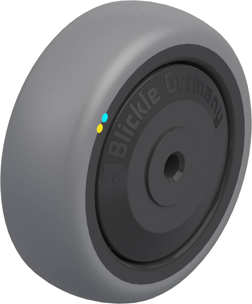 A single grey wheel with a black hub bearing and the inscription 'Blickle Germany' is pictured, possibly part of a castor system.