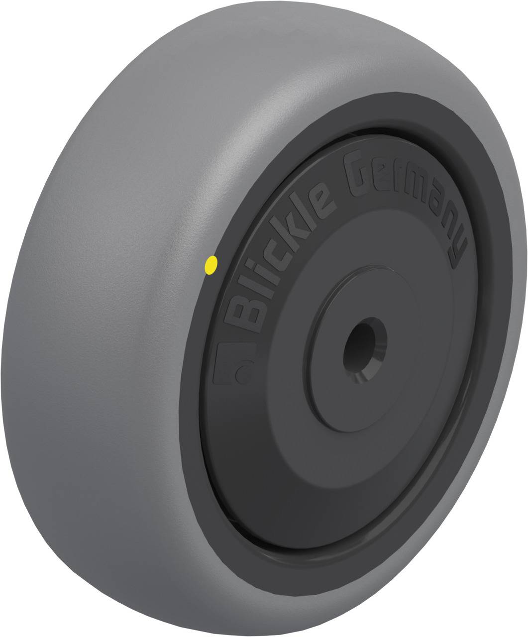 Grey wheel with a black core and 'Blickle Germany' lettering on the side, suitable for transport equipment or furniture.