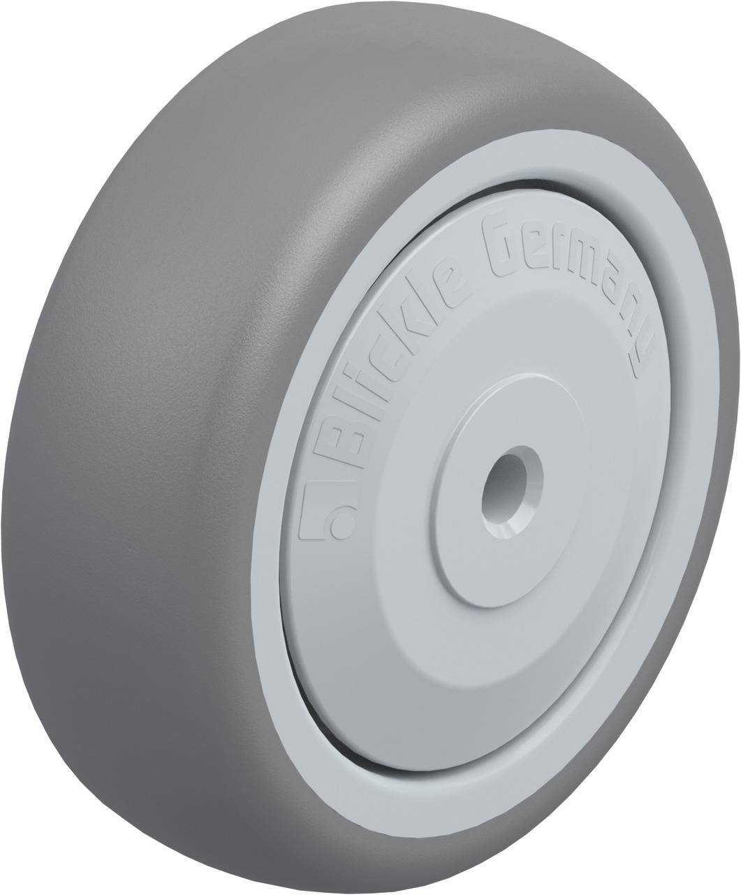 Grey wheel with smooth tread and central bore, suitable for mobility. 'Blickle Germany' inscription on the surface.