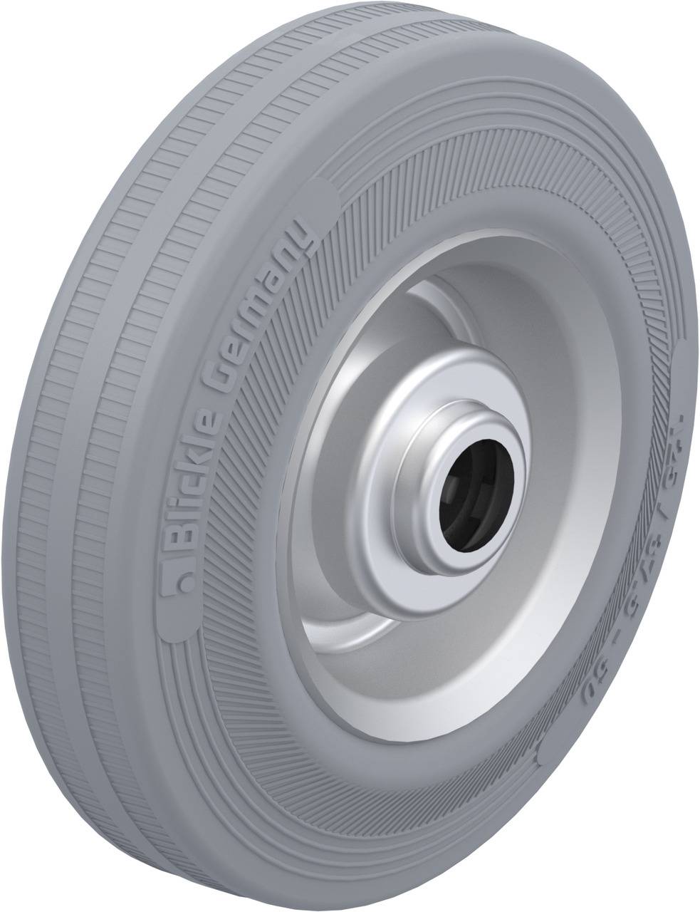 Grey rubber industrial wheel with metal rim, side profile view. Marking 'Elide Germany'.