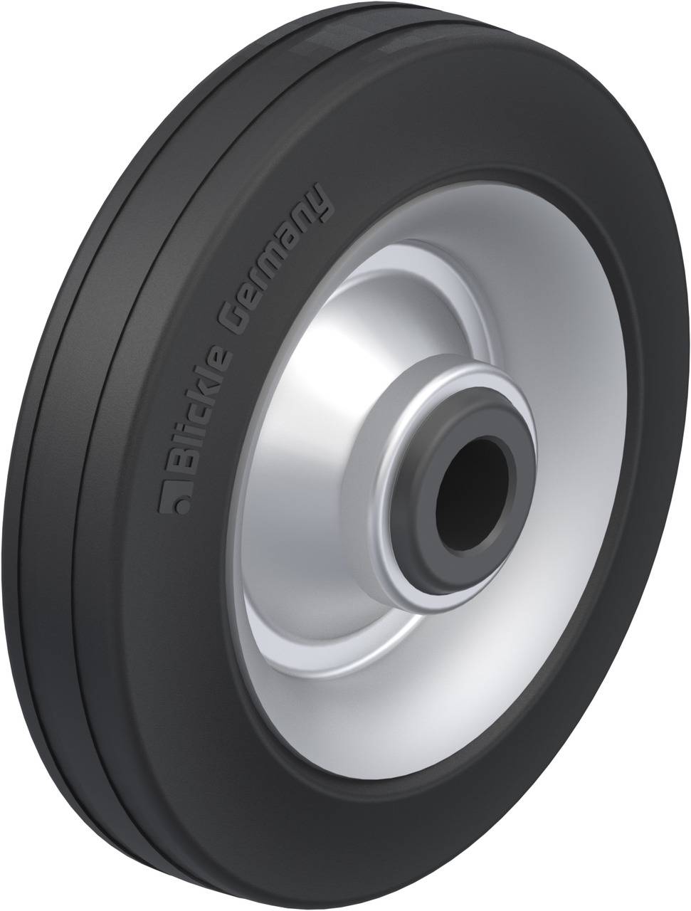 Round wheel with a black rubber tyre and silver rim, with 'Blickle Germany' written on the side.