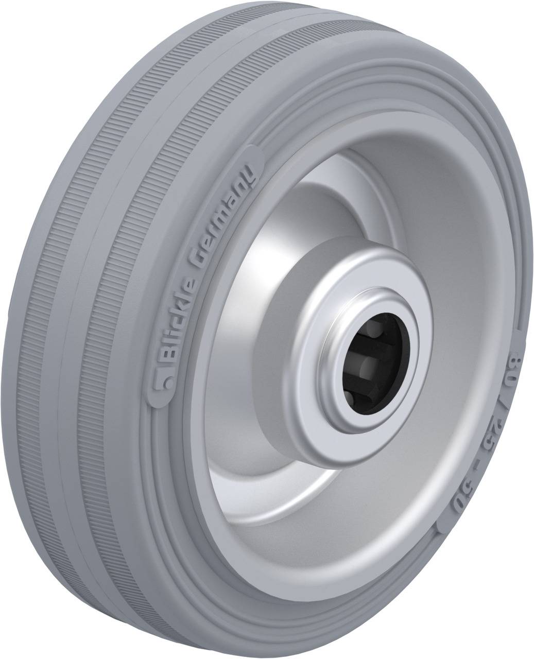 Grey wheel with tread profile and medium hub. 'Blickle Germany' inscription on the side surface. Suitable for machinery.