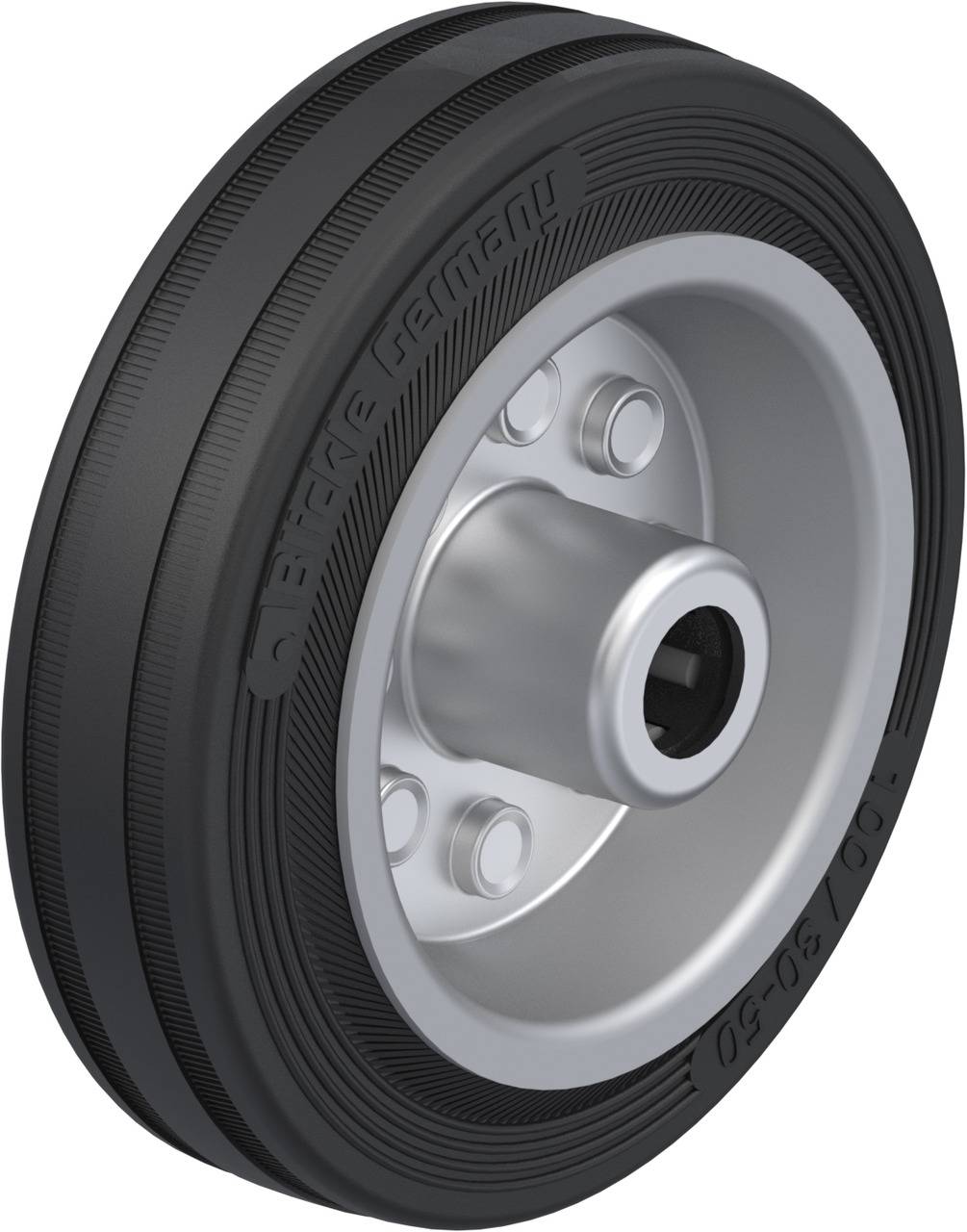 Black wheel with silver rim, five spokes visible, with the inscription 'Blickle Germany' on the tyre surface.