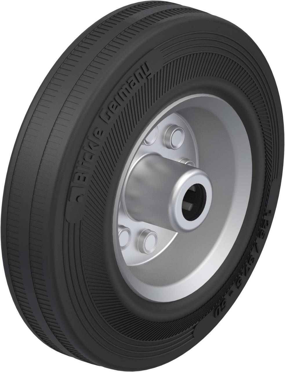 Black wheel with silver rim and screws, side view. The wheel has fine grooves on the tread surface and writing on the side.