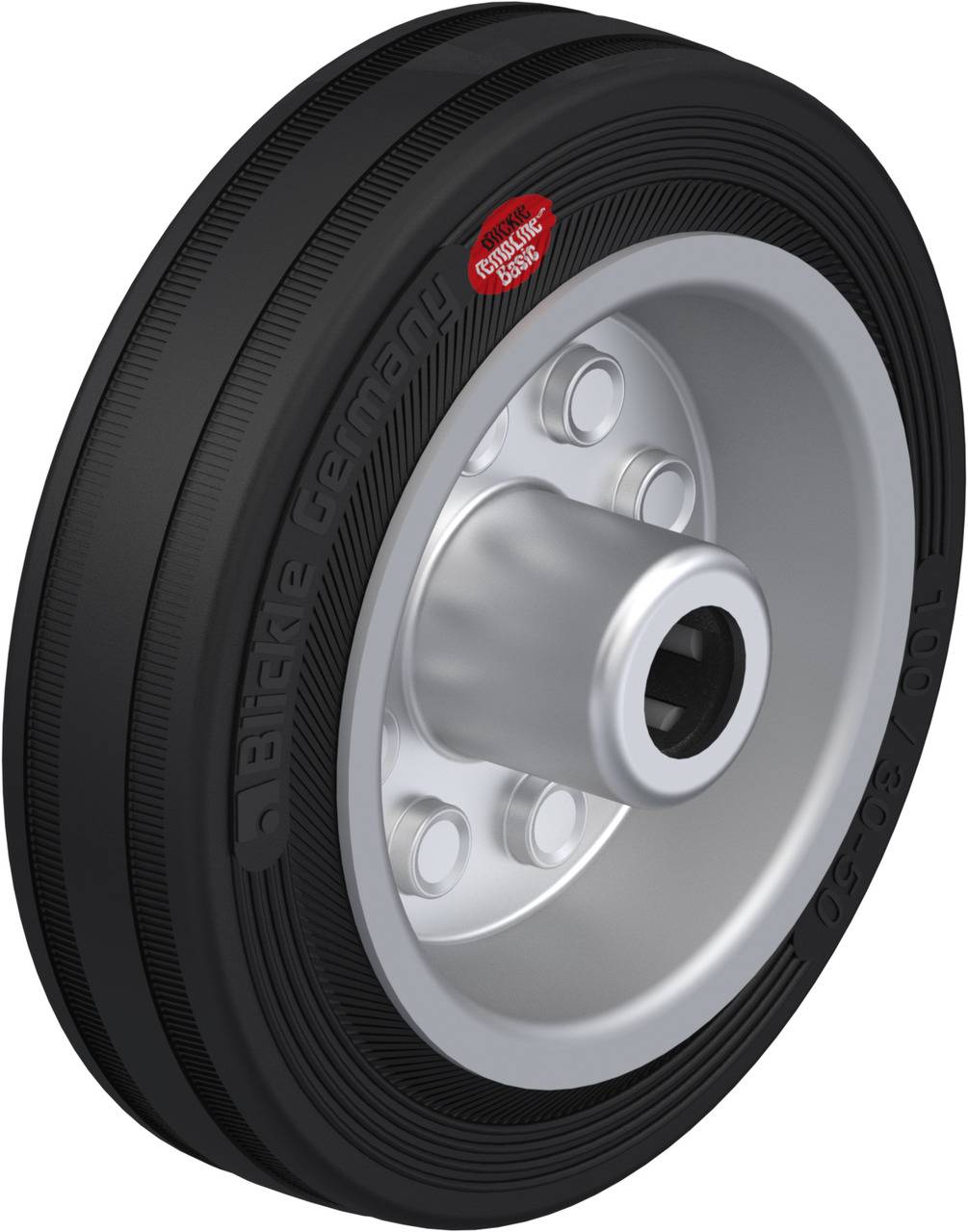 A black rubber wheel with a silver rim and red logo sticker from 'Block® Germany'. Suitable for industrial applications.