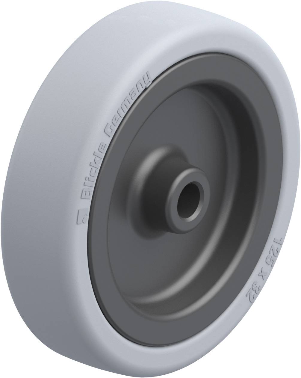 A round wheel with grey rubber and a black plastic core. On the side it reads 'Blickle Germany'. Suitable for industrial applications.