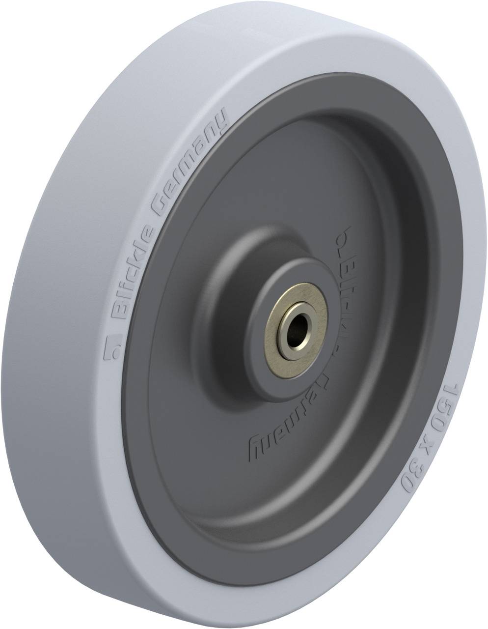 A grey plastic wheel with a metal core and ball bearing, suitable for transport trolleys and medical equipment; inscribed with 'Blickle Germany'.