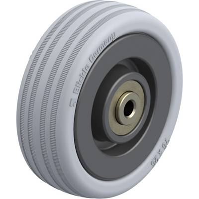 Grey plastic wheel with white rubber tyre and metal centre hub, suitable for various transport equipment and furniture.