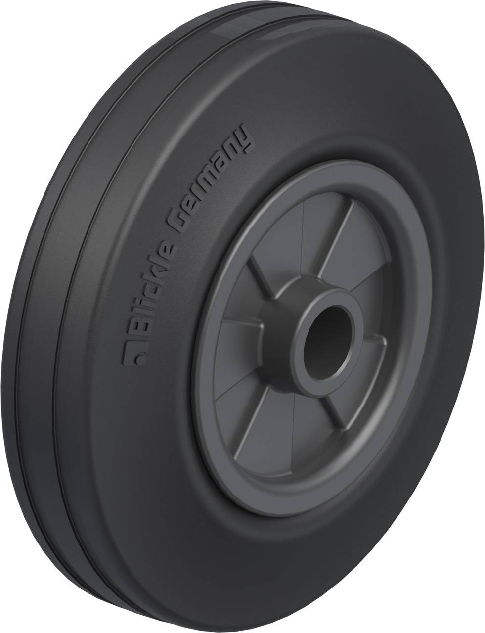 Industrial wheel made of black plastic with a smooth running surface and central hub, with 'Blickle Germany' embossed on the side.