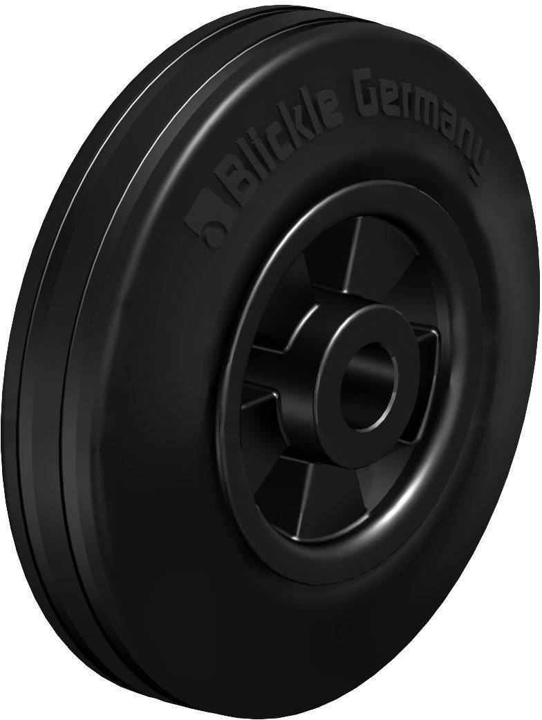 Black plastic wheel with embossed 'Blickle Germany' marking, suitable for industrial use on trolleys or transport equipment.