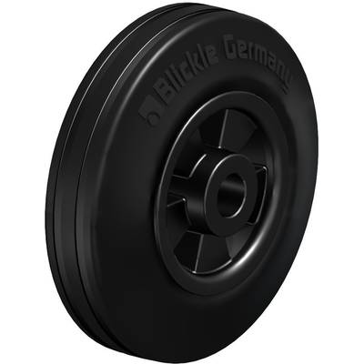 Black plastic wheel with embossed 'Blickle Germany' marking, suitable for industrial use on trolleys or transport equipment.