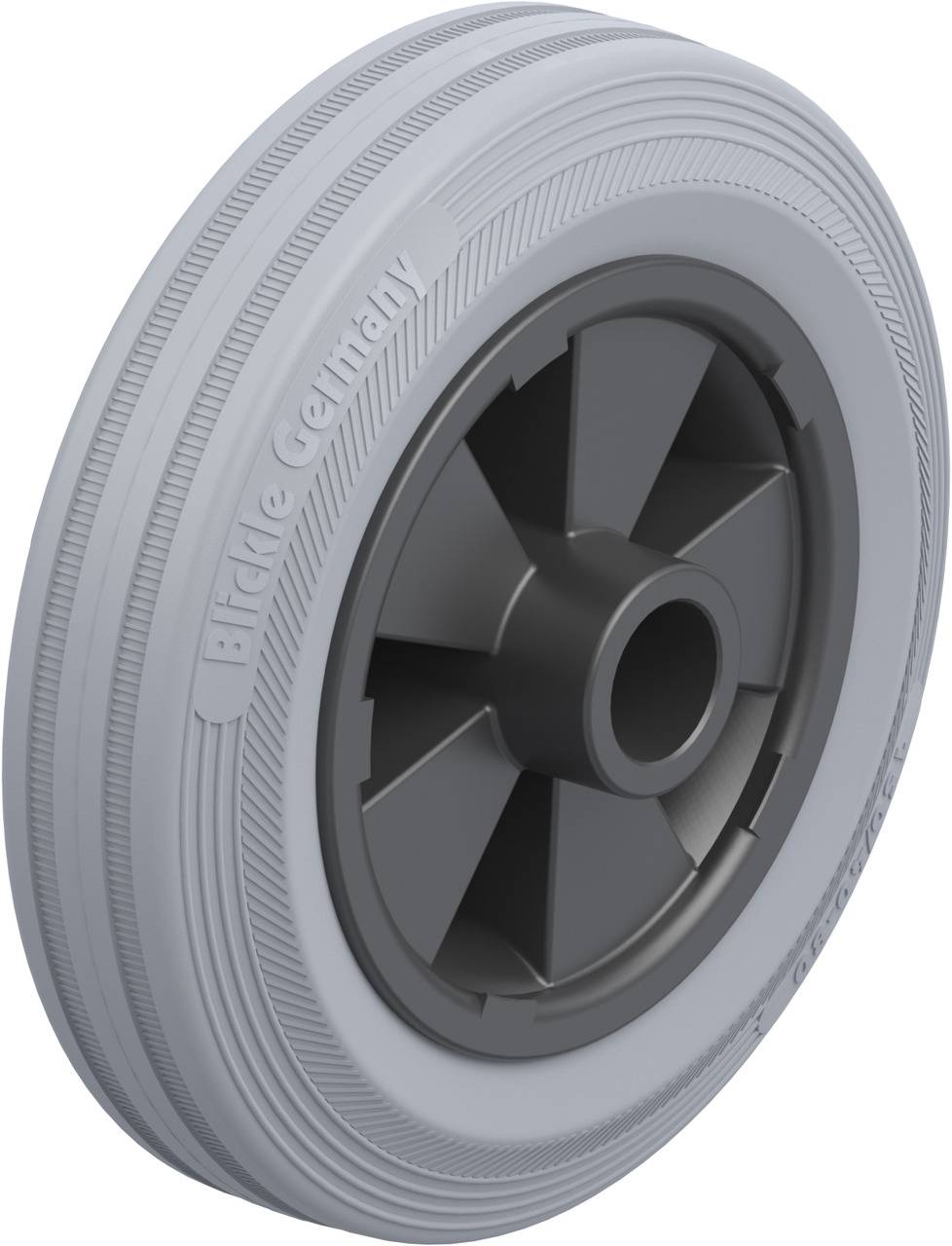 Grey plastic wheel with ribbed tyre, ventilation slots and inscription 'Blickle Germany'.