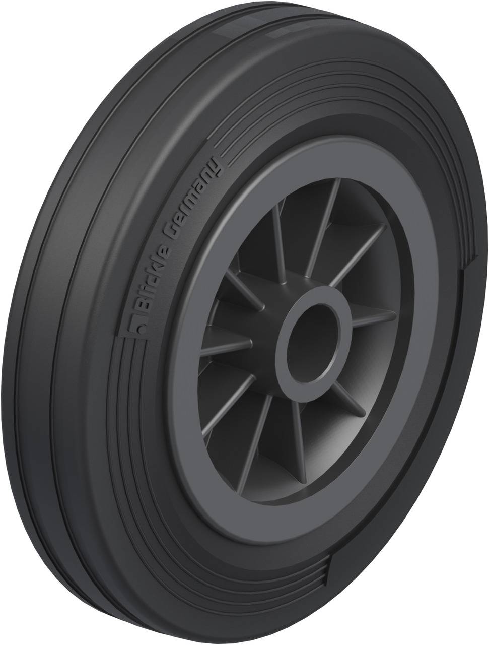 A grey plastic wheel with spokes and a smooth tread pattern. It bears the inscription 'Blauwe Germany'.