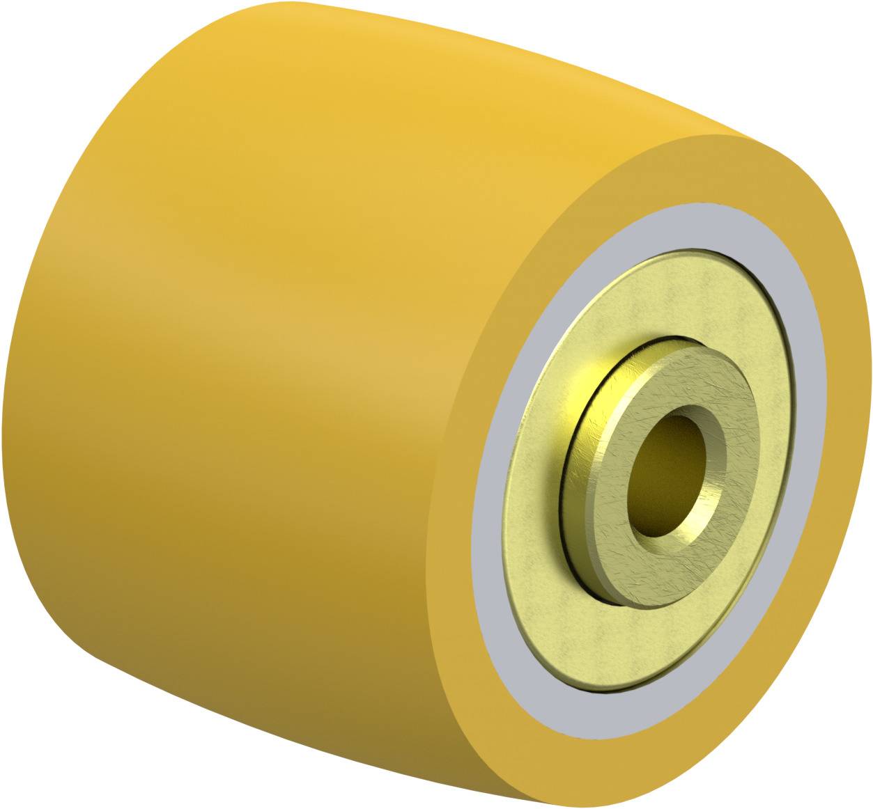 Yellow wheel with silver central axle and visible ball bearing, commonly used for trolleys or transport equipment.