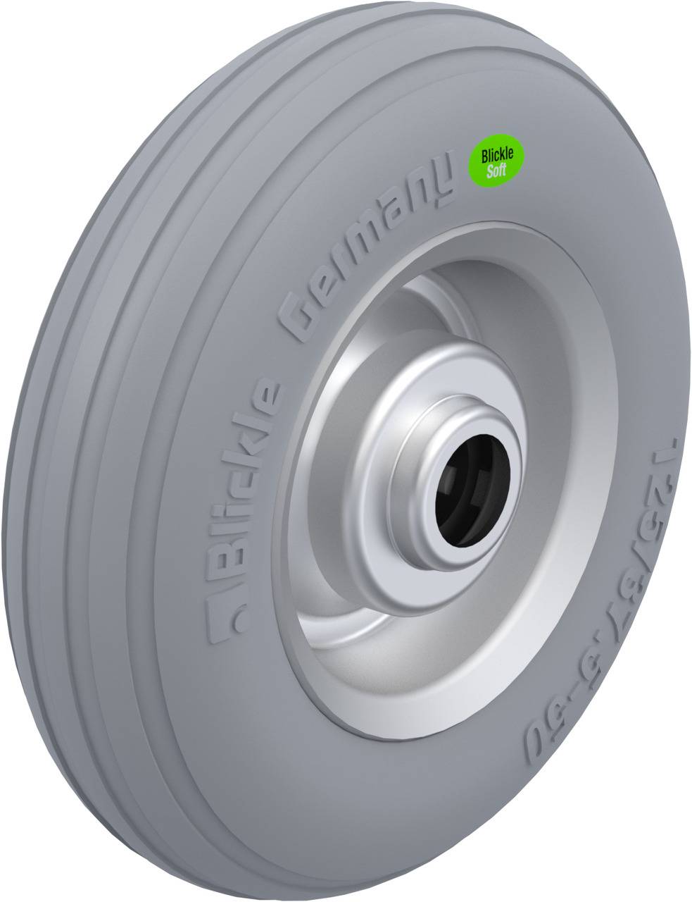 A grey wheel with the inscription 'Blickle Germany' and a green label reading 'Blickle Soft'. The wheel has a smooth running surface.