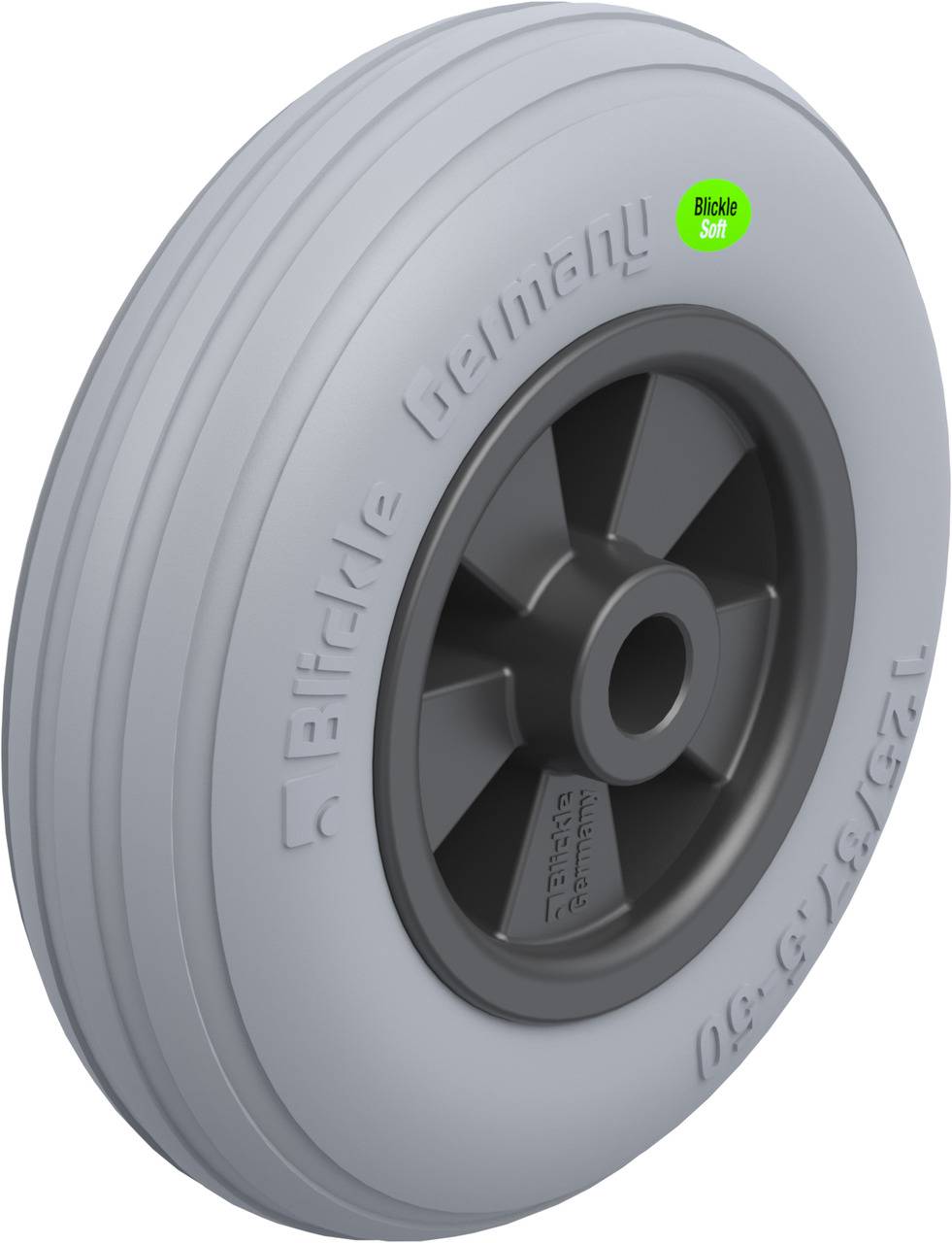 Grey-black wheel by the brand 'Blickle', inscription 'Effektive Germany', '200 kg', on the side.