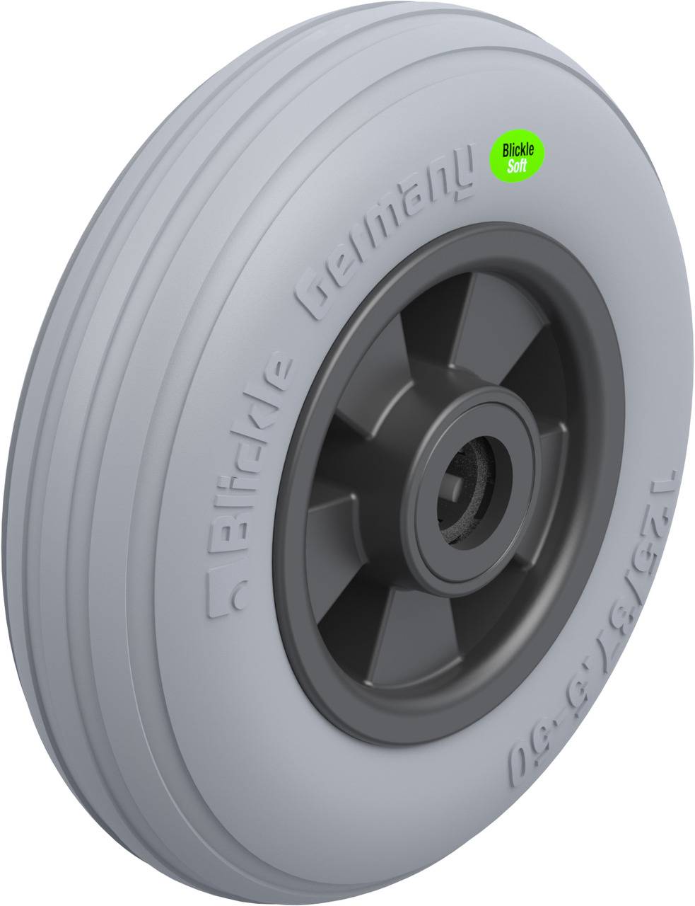 Grey wheel with the inscription 'Blickle Soft' and 'Elastec Germany'. It shows a smooth profile and a central axle mounting.