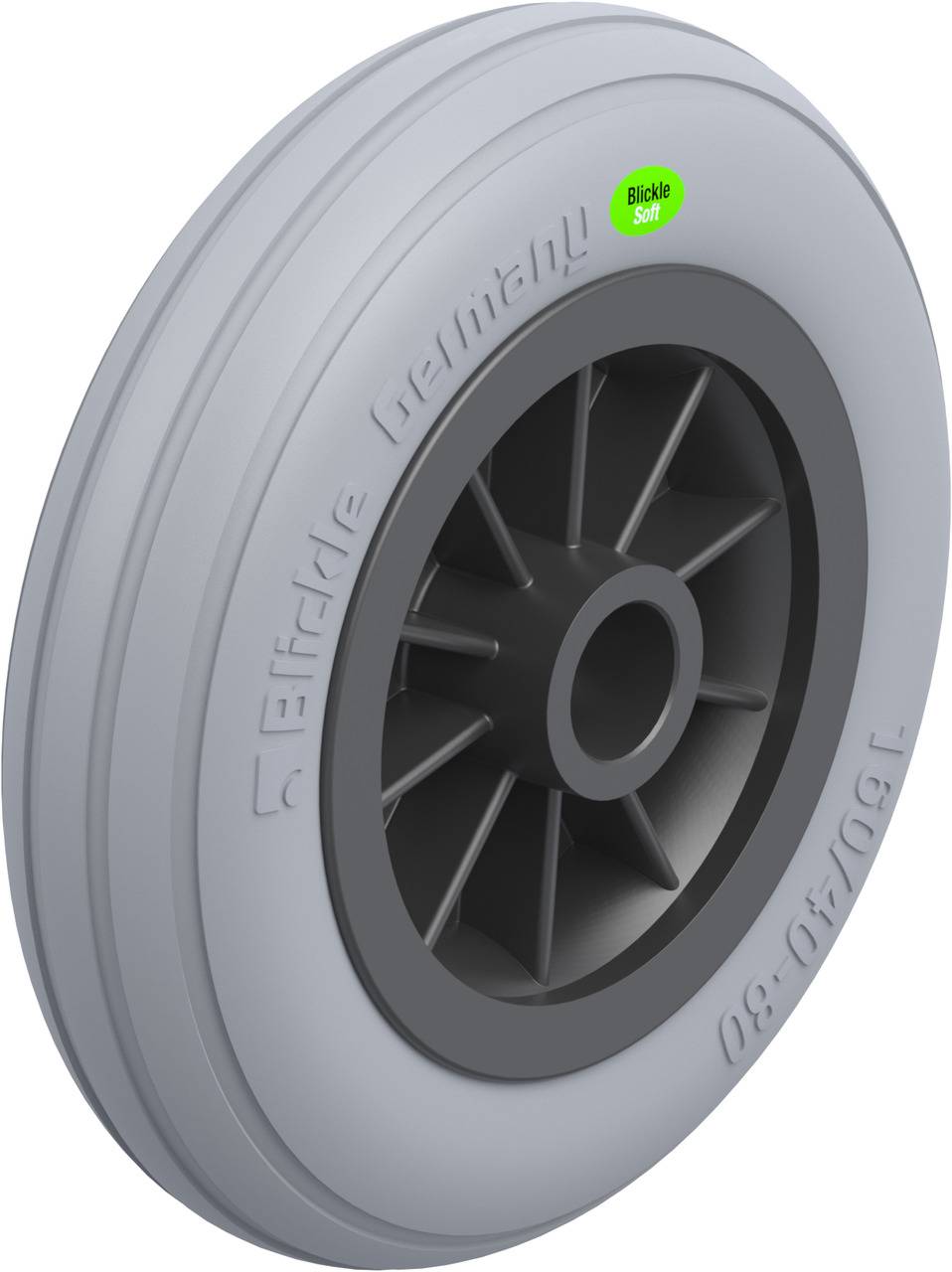 Grey plastic wheel with a black hub, labelled 'Effeziele Germany' and with a green sticker 'Blickle Soft'.