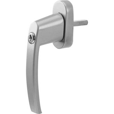 Silver window handle viewed from the side, showing cylindrical lock mechanism and rectangular spindle for attachment.