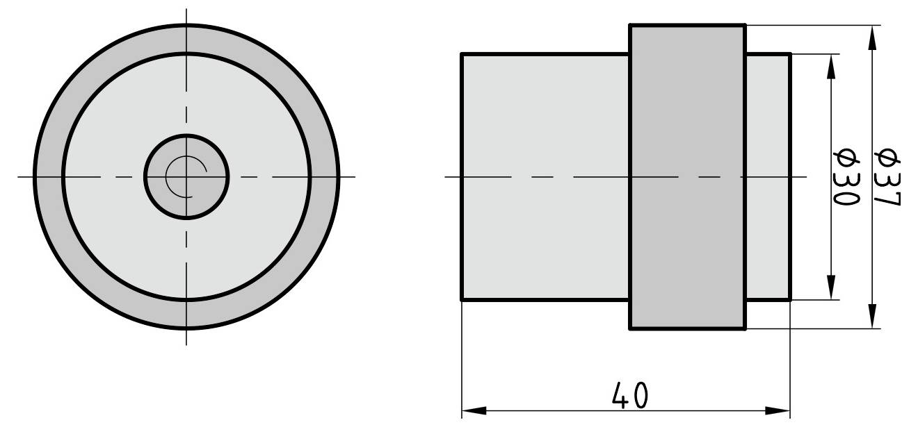 'Technical drawing of a cylindrical part in two views. Front view shows concentric circles with dimensions. Side view details height and diameter: 40 and 37 units respectively.'