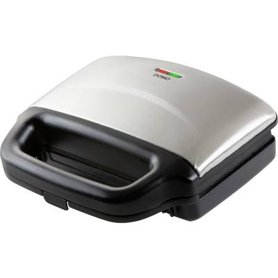 A silver and black sandwich maker appliance with a handle. Control lights are located on the top surface.