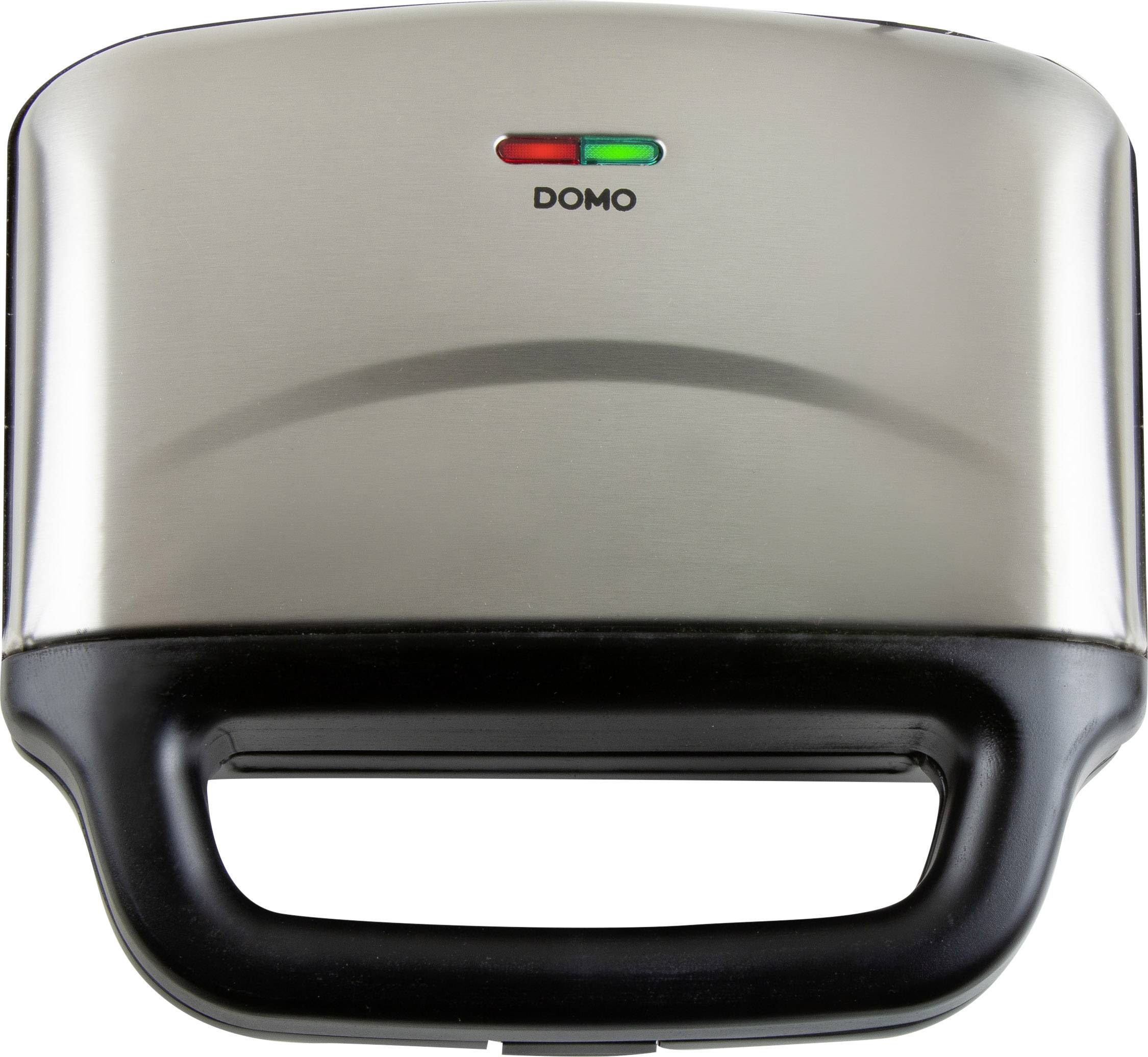 A silver sandwich maker with a handle, red and green indicator lights. 'DOMO' is written on the top.