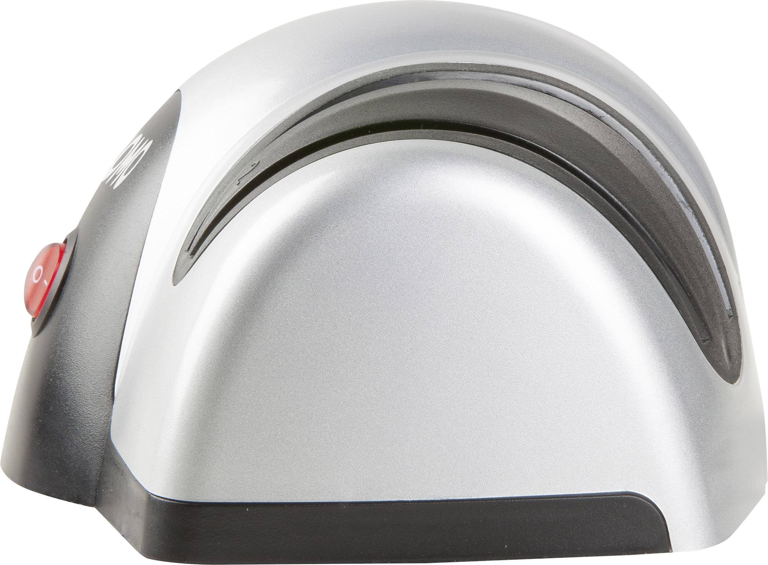 Electric knife and scissors sharpener with a silver housing and red on/off switch, shown from the side.