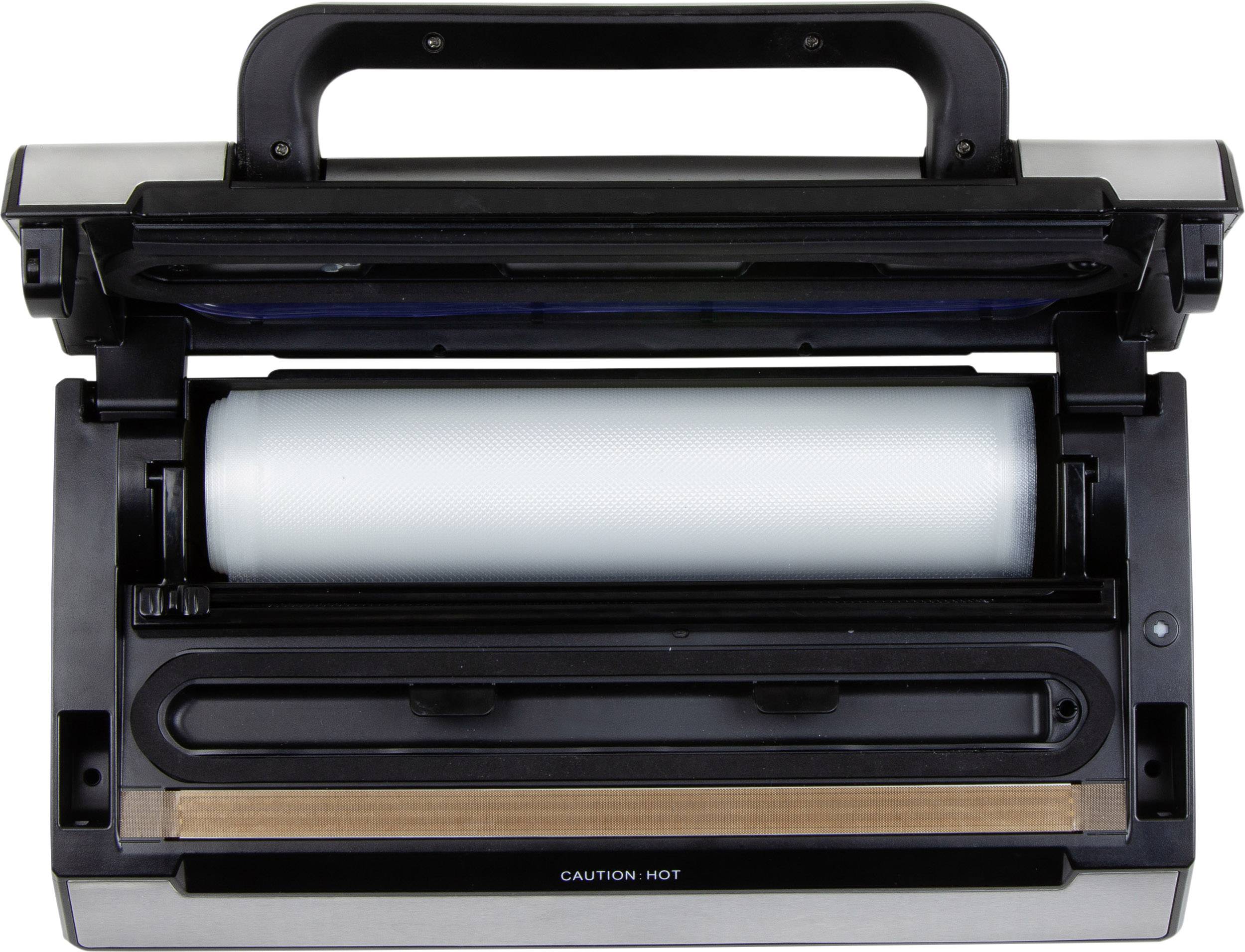 An open laminating machine with a visible roll and a warning 'Caution Hot'.